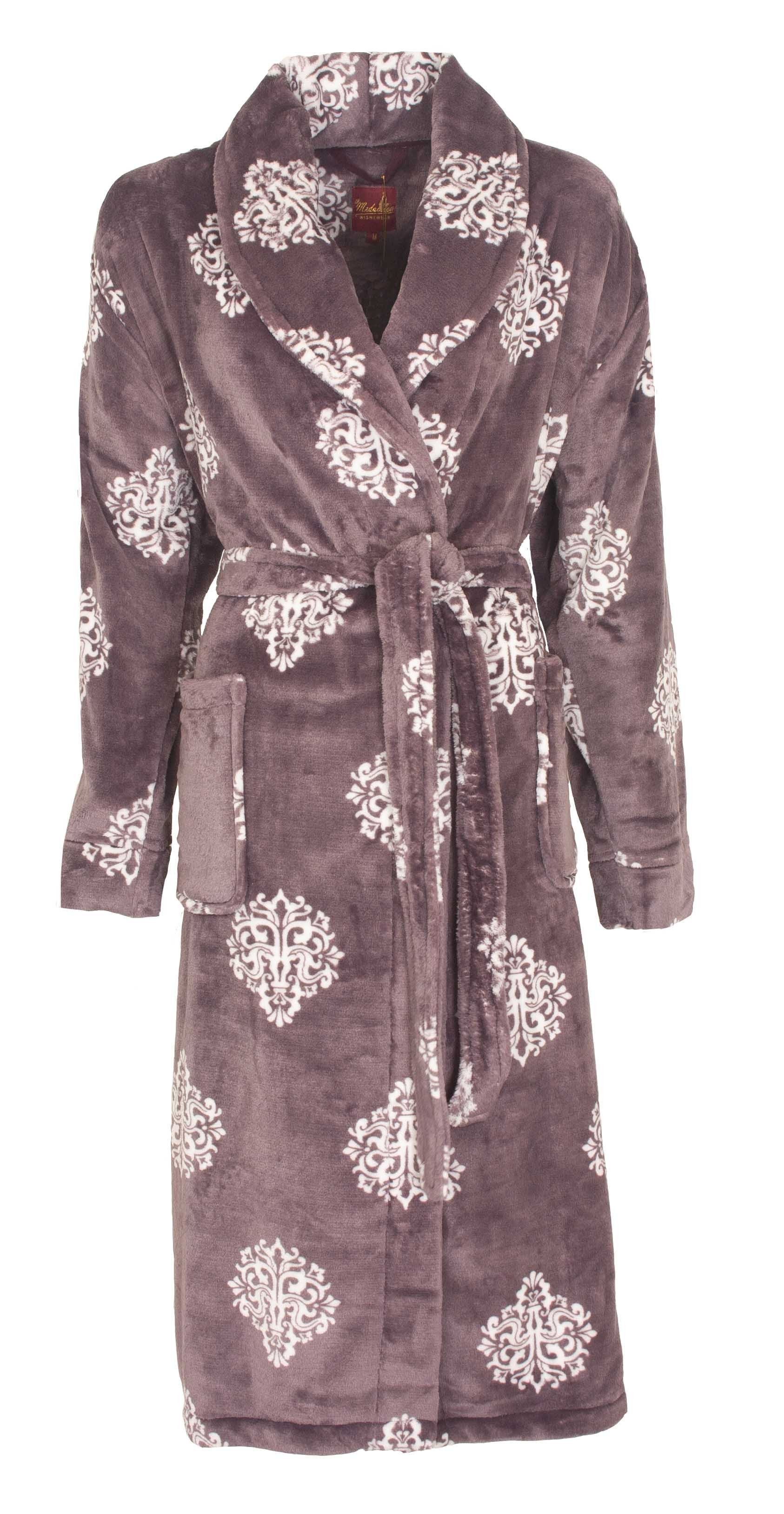 Paarse coral fleece badjas met witte medaillon-patronen, sjaalkraag, ceintuur en twee zakken