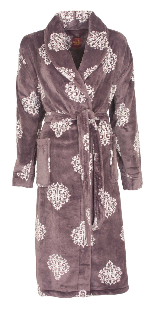 Paarse coral fleece badjas met witte medaillon-patronen, sjaalkraag, ceintuur en twee zakken
