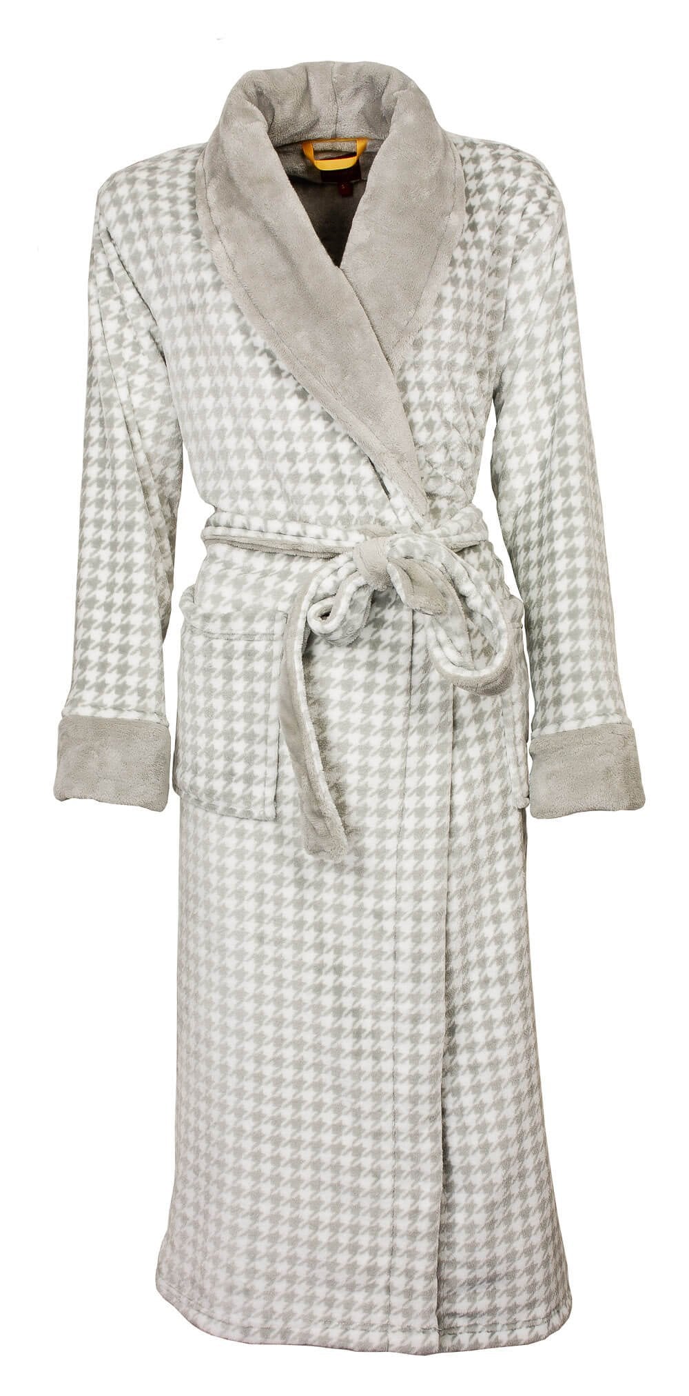 Grijze fleece badjas met pied-de-poule patroon, sjaalkraag, ceintuur en lange mouwen met manchetten.