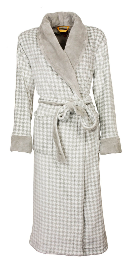 Grijze fleece badjas met pied-de-poule patroon, sjaalkraag, ceintuur en lange mouwen met manchetten.