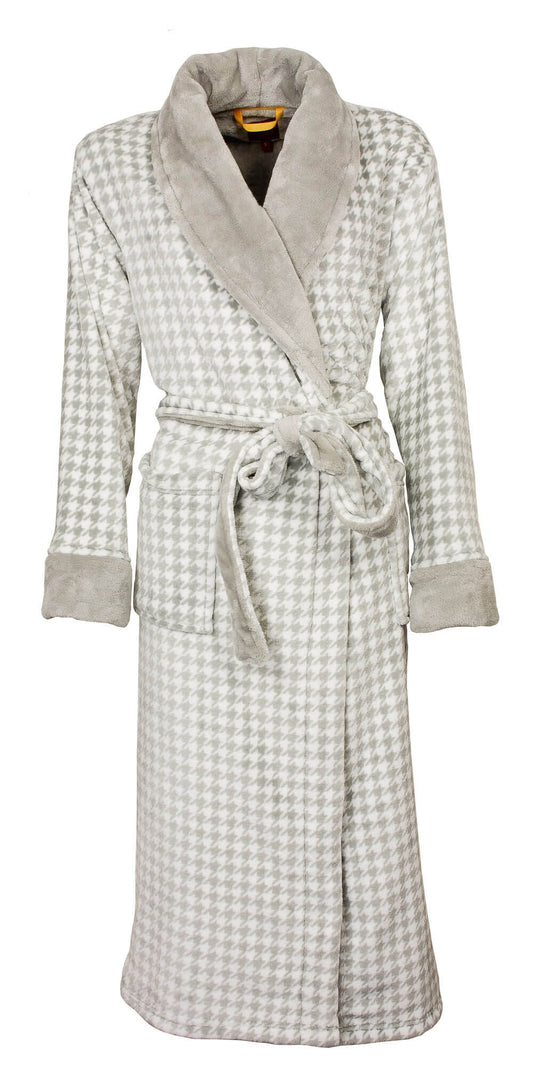 Grijze fleece badjas met pied-de-poule patroon, sjaalkraag, ceintuur en lange mouwen met manchetten.