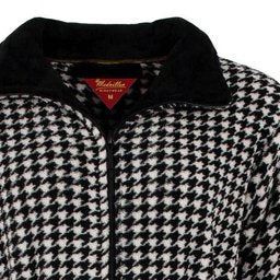 Zwarte fleece badjas met pied-de-poule patroon, contrasterende kraag, deelbare rits en ceintuur