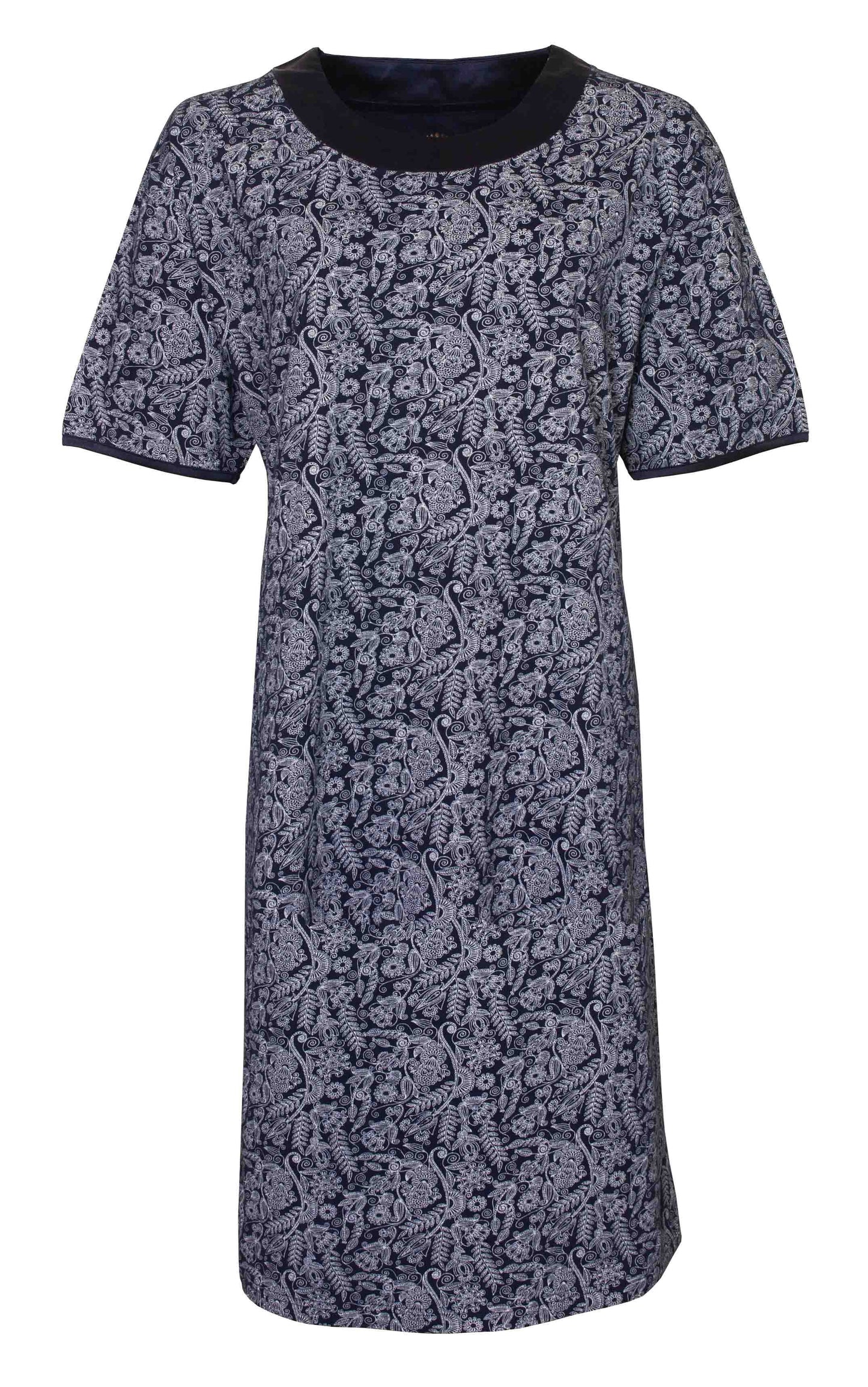 Blauw dames nachthemd met korte mouwen en ronde hals, bedrukt met fijn grijs bloemen- en bladmotief