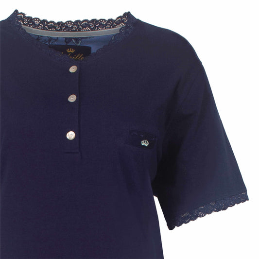 Blauw katoenen nachthemd met korte mouwen, kanten afwerking en knoopsluiting aan de hals