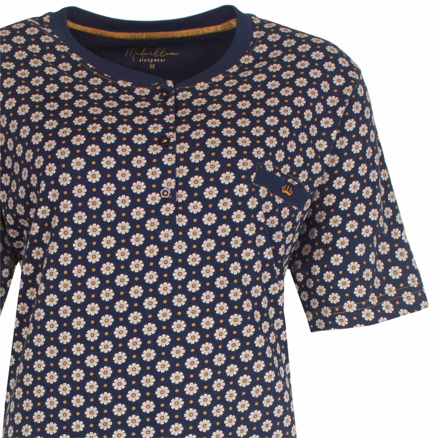 Blauw nachthemd met klein zonnebloem patroon, korte mouwen en knoopsluiting aan de hals