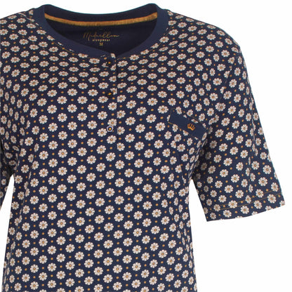 Blauw nachthemd met klein zonnebloem patroon, korte mouwen en knoopsluiting aan de hals
