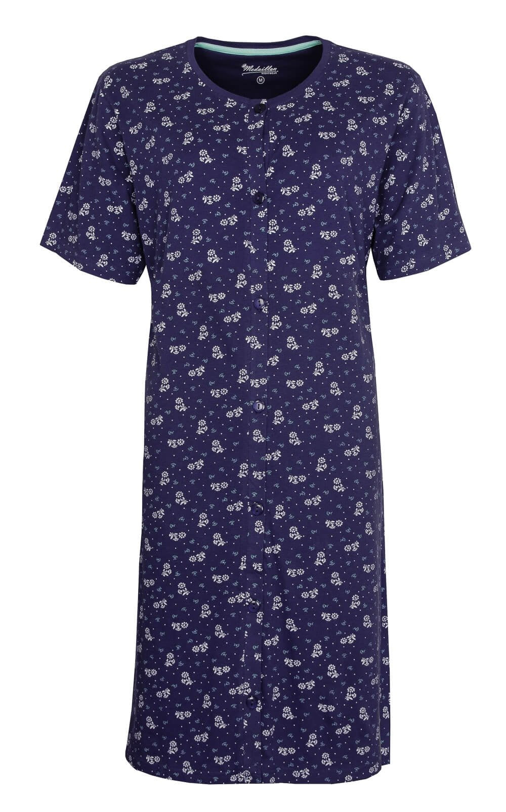 Blauw dames nachthemd met witte bloemenprint, korte mouwen en doorknoop sluiting van Medaillon
