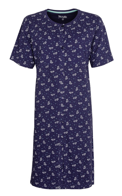 Blauw dames nachthemd met witte bloemenprint, korte mouwen en doorknoop sluiting van Medaillon