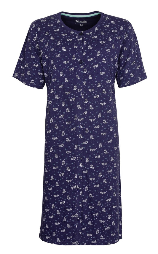 Blauw dames nachthemd met witte bloemenprint, korte mouwen en doorknoop sluiting van Medaillon