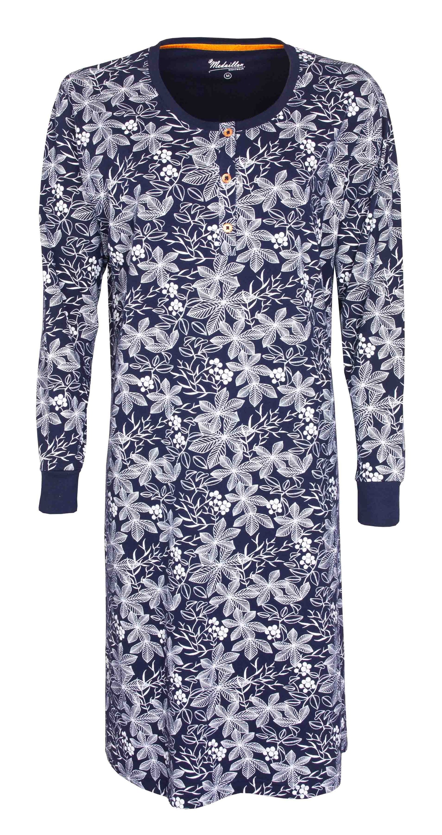 Blauw lang nachthemd met witte bloemenprint, lange mouwen, ronde hals en polosluiting