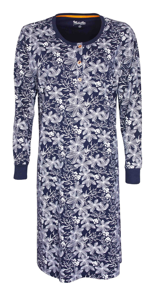 Blauw lang nachthemd met witte bloemenprint, lange mouwen, ronde hals en polosluiting