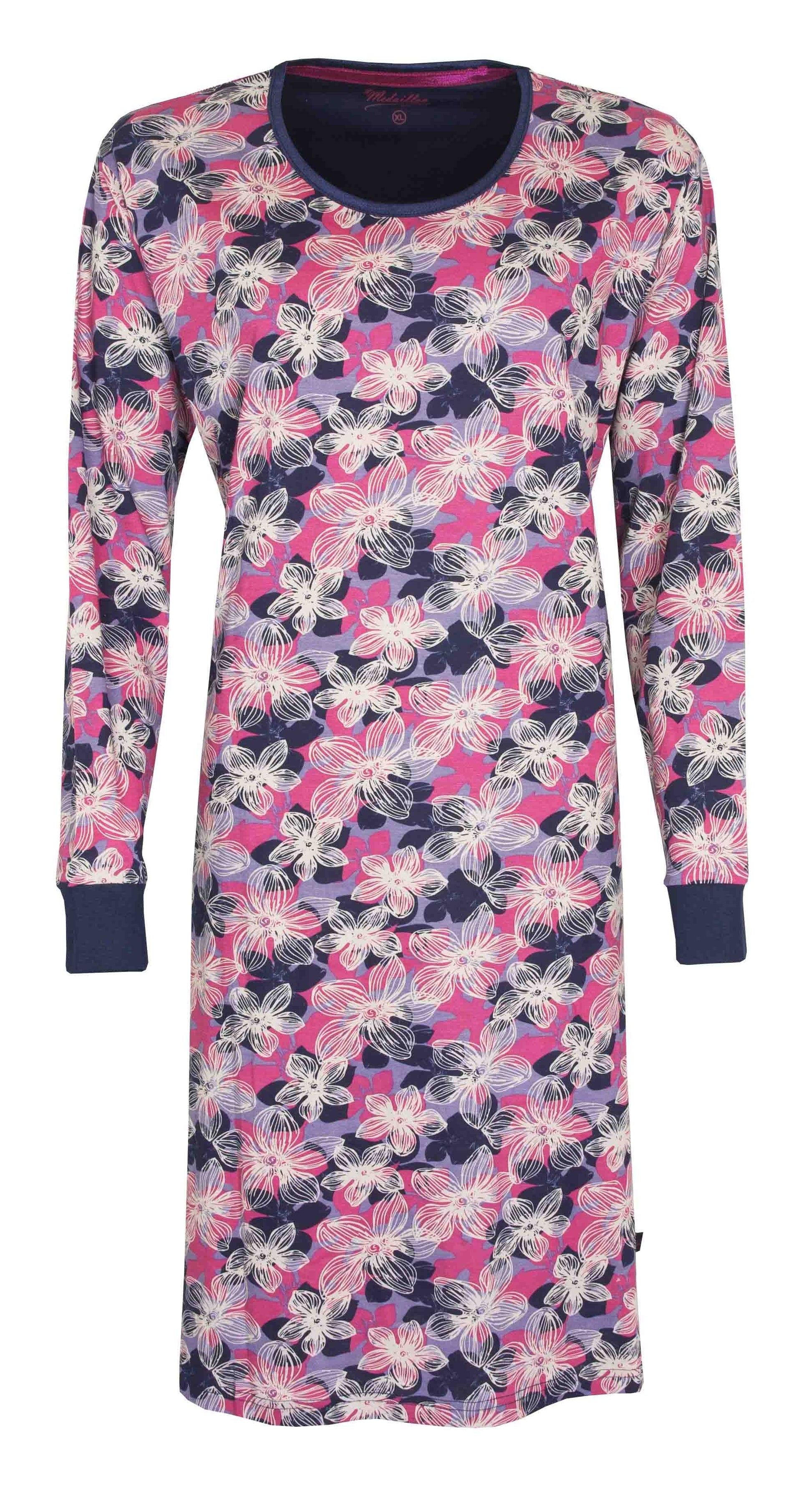 Lang nachthemd met blauw-roze bloemenprint, lange mouwen en ronde hals, gemaakt van 100% katoen