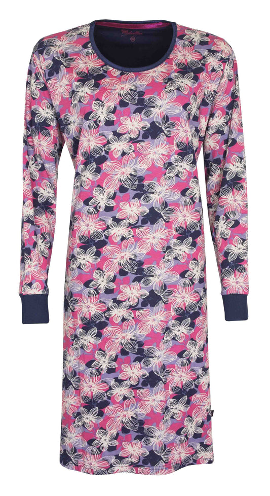 Lang nachthemd met blauw-roze bloemenprint, lange mouwen en ronde hals, gemaakt van 100% katoen