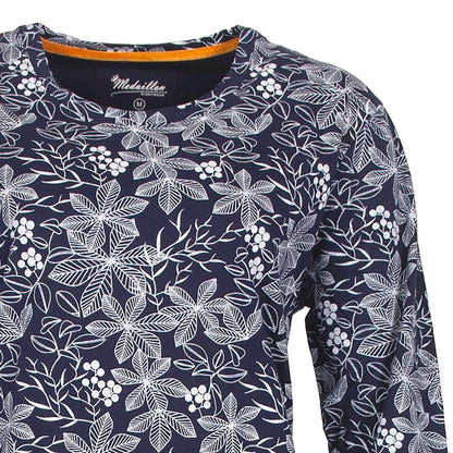 Donkerblauw nachthemd met witte bloemenprint, lange mouwen en ronde hals met polosluiting van Medaillon