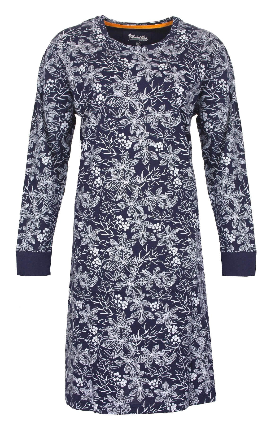 Donkerblauw nachthemd met witte bloemenprint, lange mouwen en ronde hals. Gemaakt van jersey katoen.