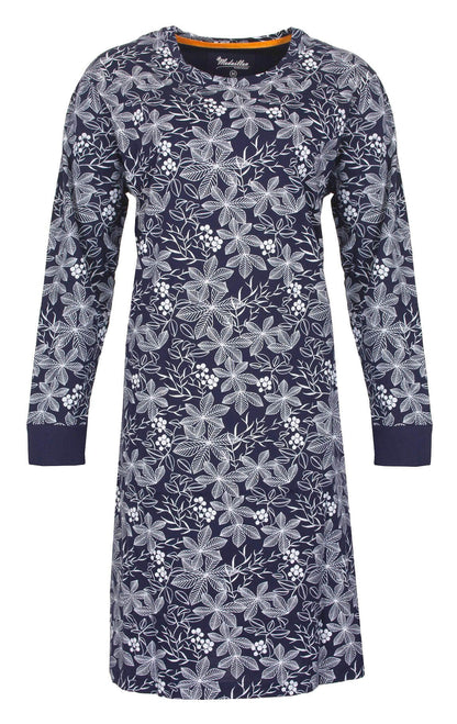 Donkerblauw nachthemd met witte bloemenprint, lange mouwen en ronde hals. Gemaakt van jersey katoen.