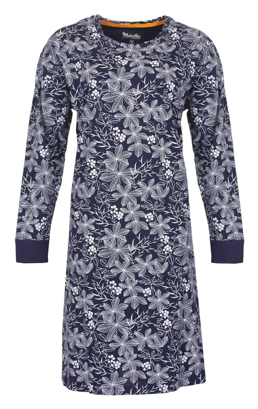 Donkerblauw nachthemd met witte bloemenprint, lange mouwen en ronde hals. Gemaakt van jersey katoen.