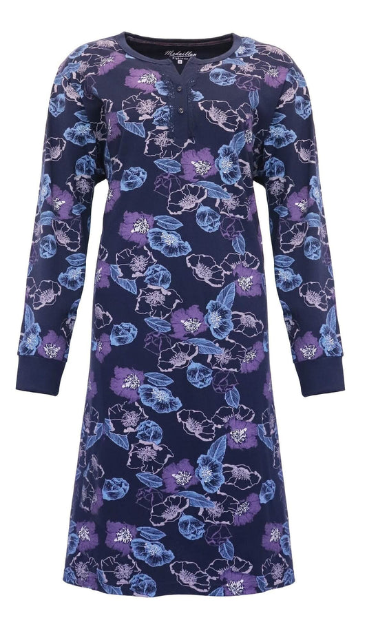 Donkerblauw nachthemd met lange mouwen, versierd met paarse en blauwe bloemenprint over het hele kledingstuk