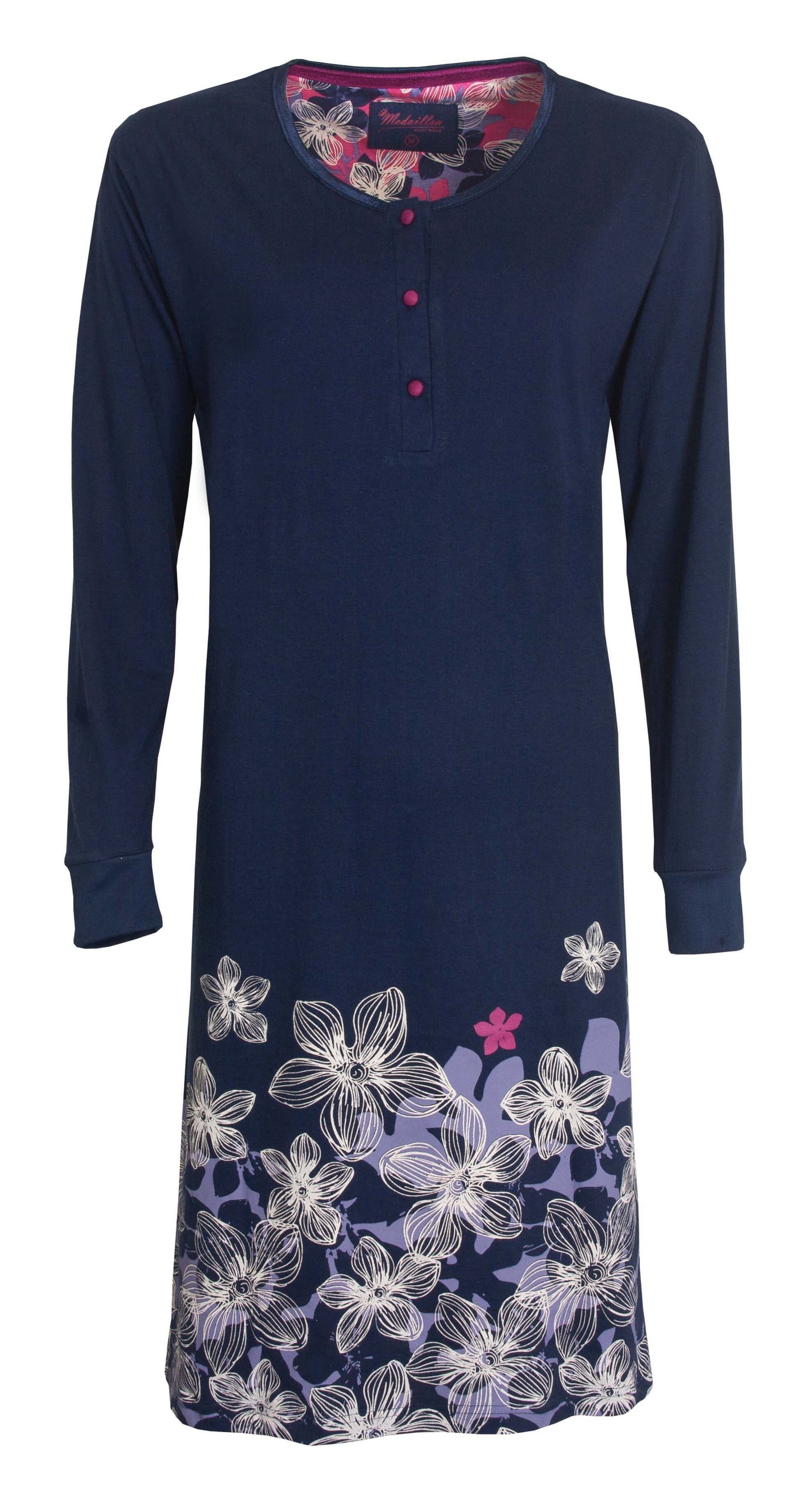 Blauw dames nachthemd met lange mouwen en bloemenprint aan de onderkant, ronde hals met knoopsluiting