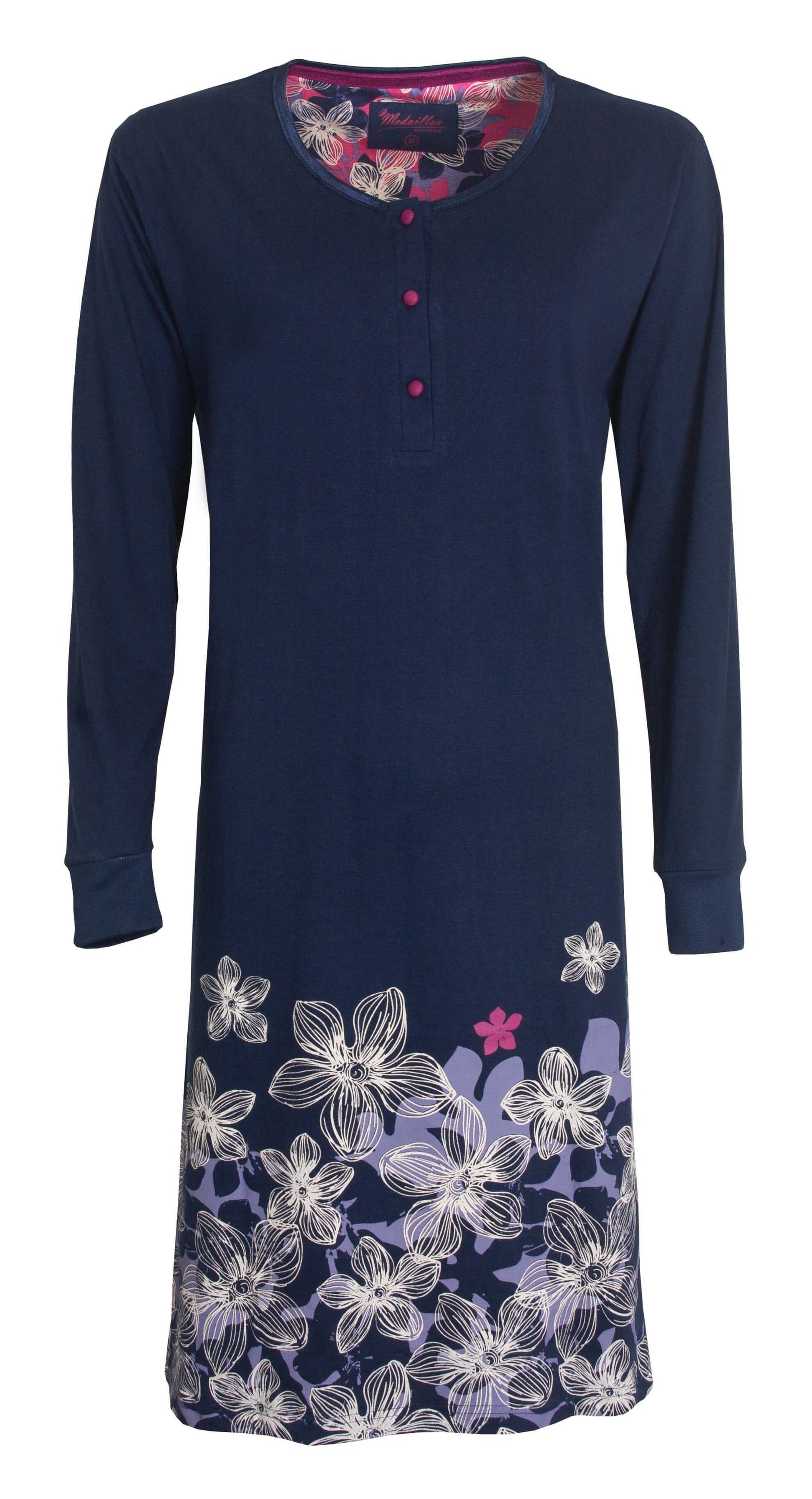 Blauw dames nachthemd met lange mouwen en bloemenprint aan de onderkant, ronde hals met knoopsluiting