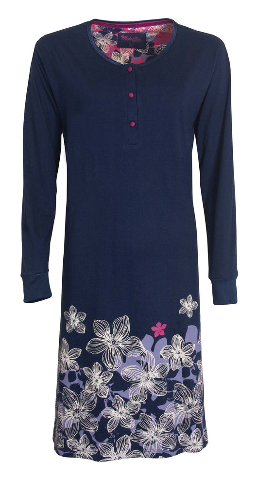 Blauw dames nachthemd met lange mouwen en bloemenprint aan de onderkant, ronde hals met knoopsluiting