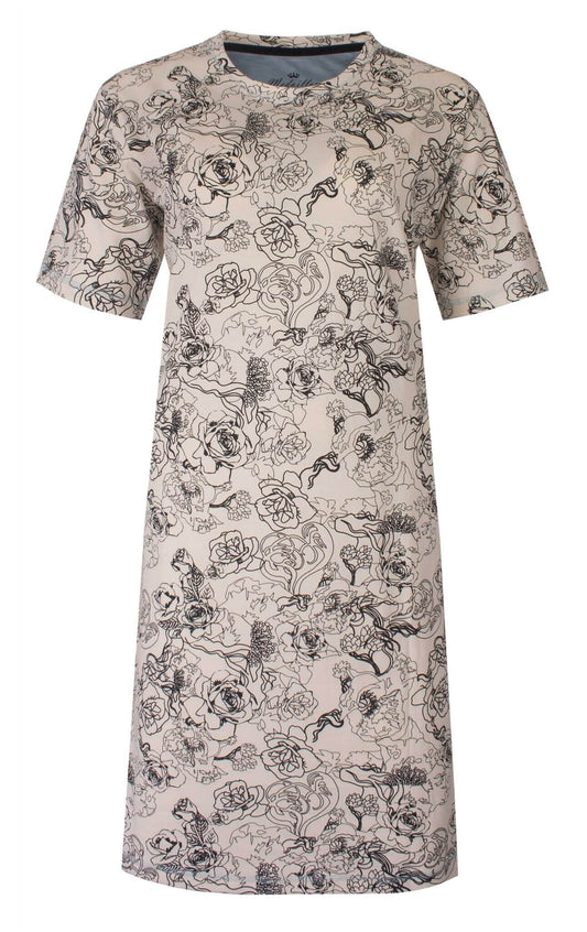 Grijs dames nachthemd met zwarte bloemenprint, korte mouwen en ronde hals, volledige lengte jurk stijl.