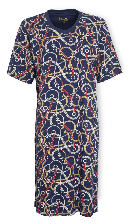 Blauw nachthemd met V-hals en korte mouwen, bedrukt met een patroon van gekleurde koorden en ringen