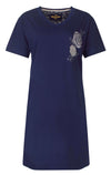 Medaillon Dames Nachthemd - Katoen - Korte Mouwen - Donker Blauw