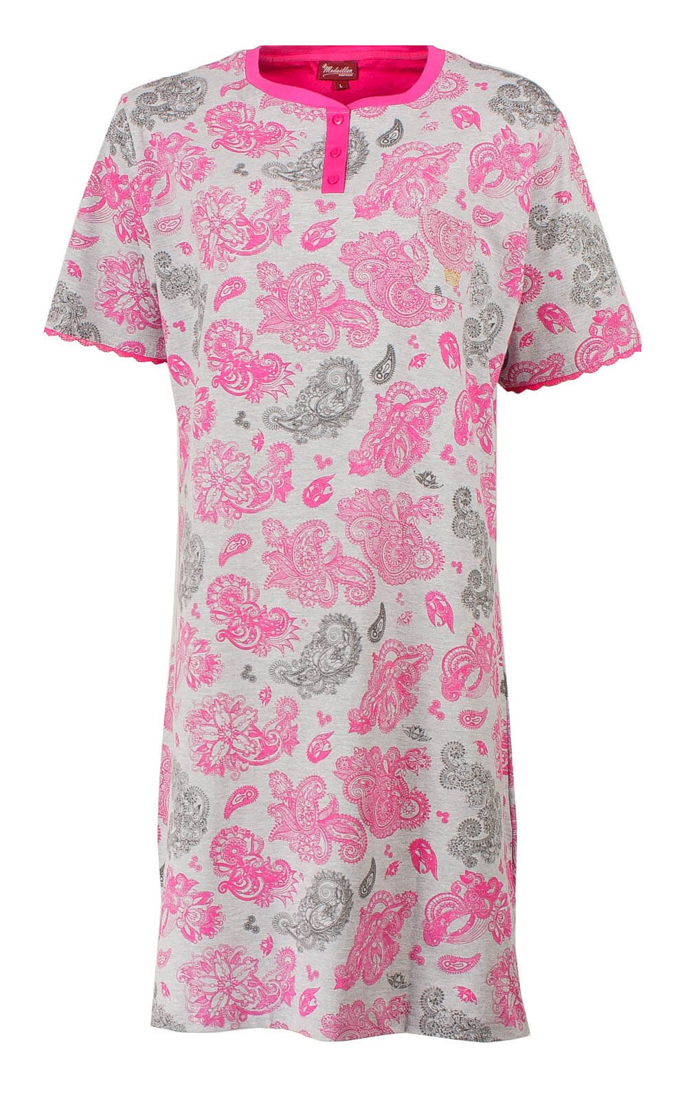 Roze katoenen nachthemd met grijze en roze bloemenprint, korte mouwen en polo-sluiting aan de hals.