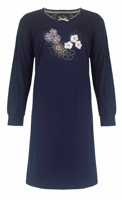 Navy blauw nachthemd met lange mouwen en bloemenprint op de borst, gemaakt van 100% katoen jersey.