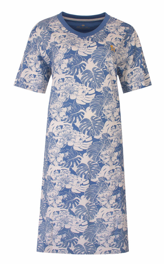 Lichtblauw dames nachthemd met wit bloemen- en bladerenpatroon, korte mouwen en V-hals