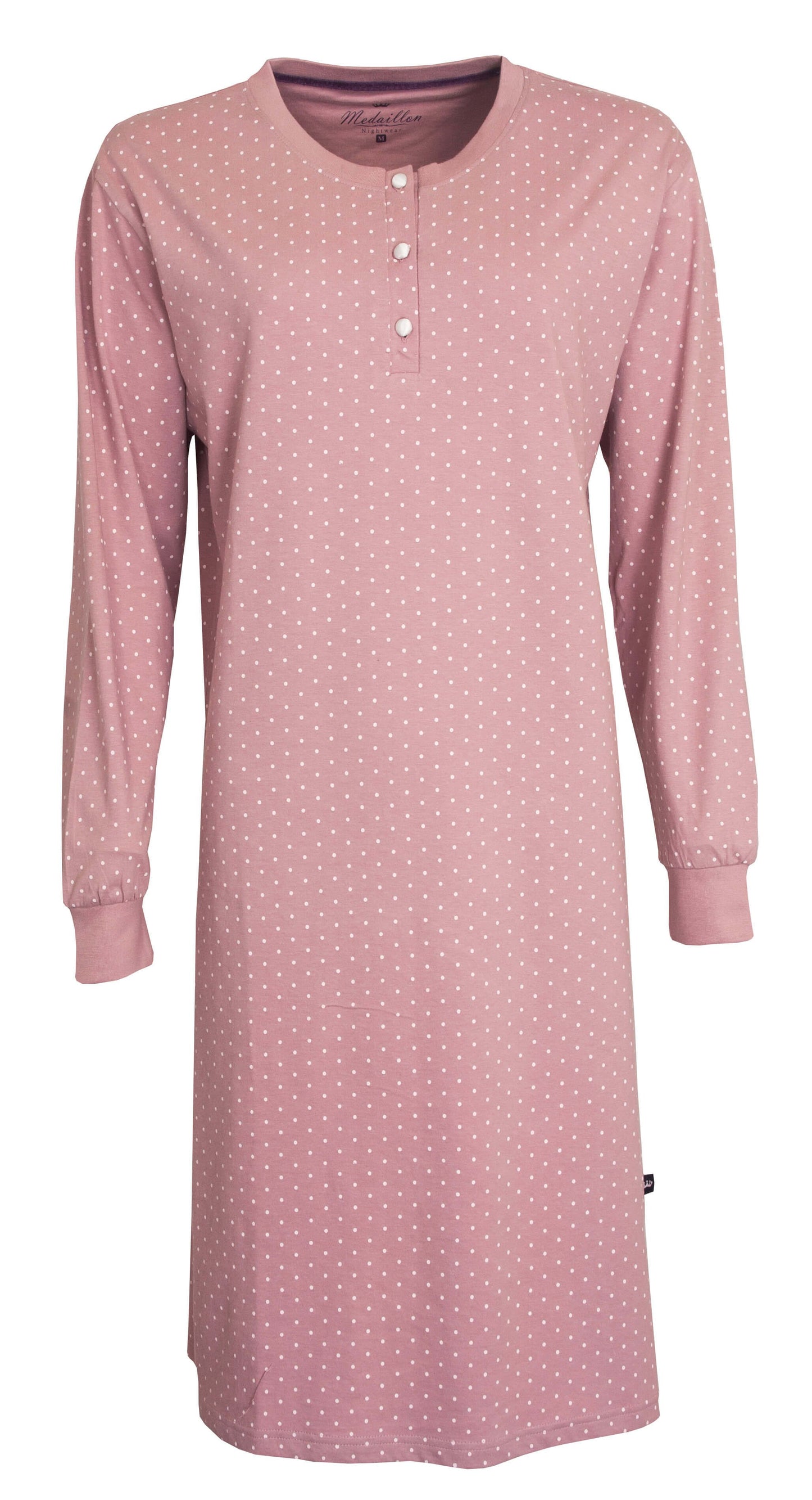 Roze dames nachthemd met lange mouwen, polo sluiting en witte stippen patroon over het hele kledingstuk