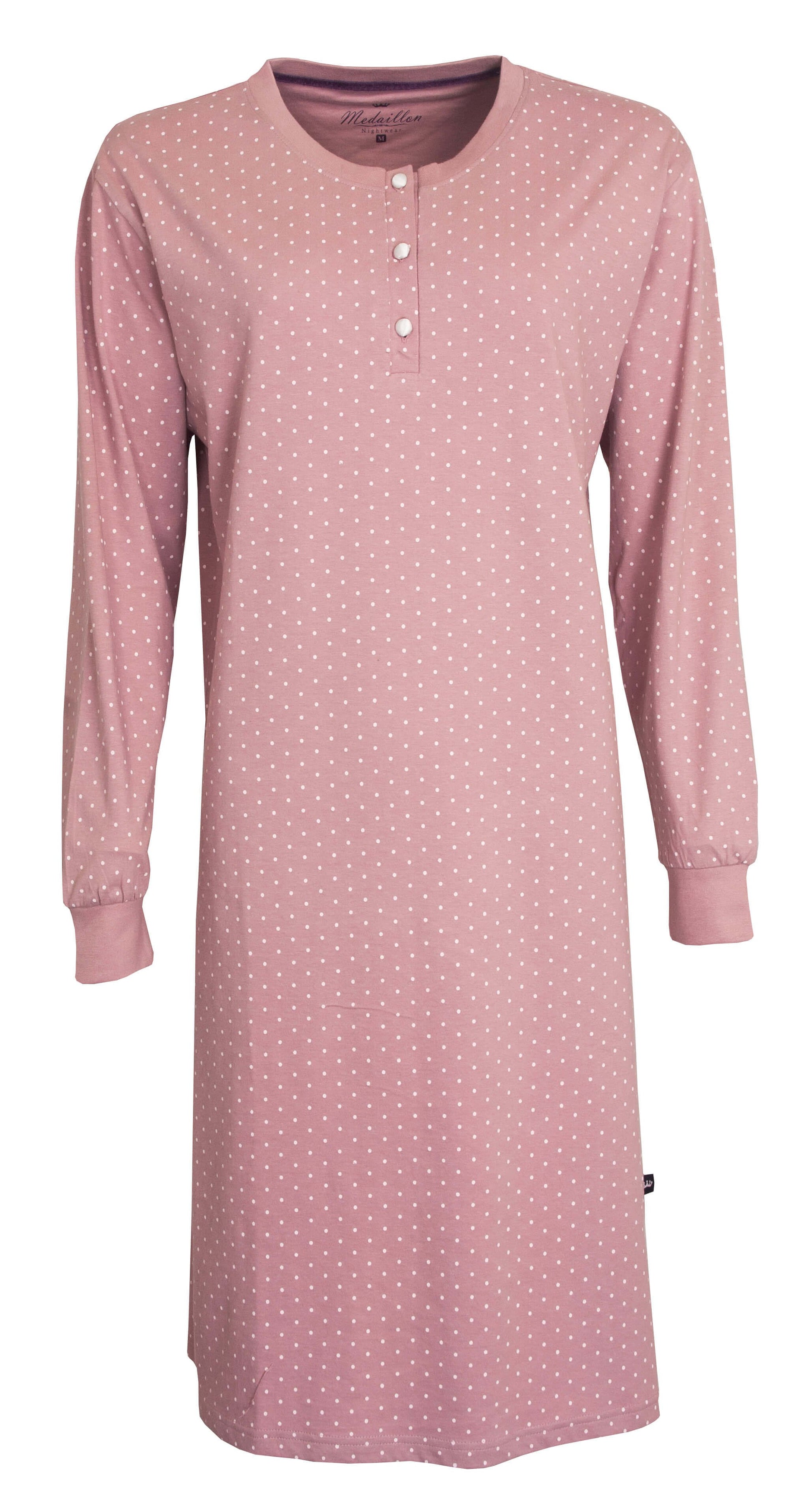 Roze dames nachthemd met lange mouwen, polo sluiting en witte stippen patroon over het hele kledingstuk