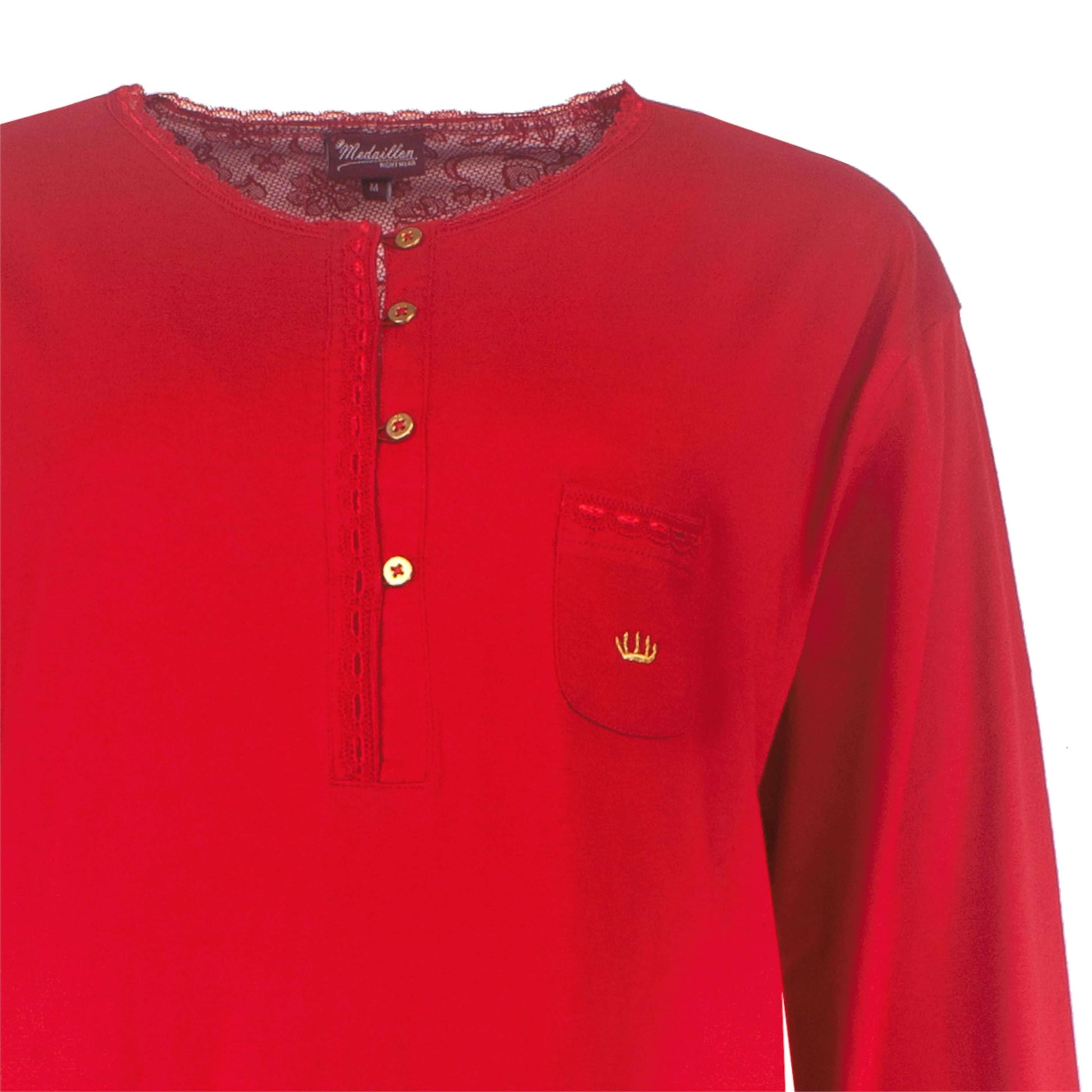 Rood dames nachthemd met lange mouwen, knoopsluiting, borstzakje met geborduurd logo en kanten zoom