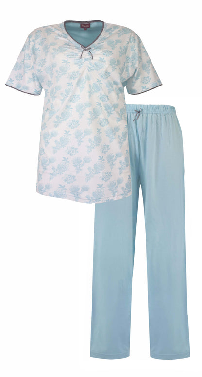 Lichtblauwe dames pyjama met bloemenprint top en lange uni broek, v-hals en korte mouwen