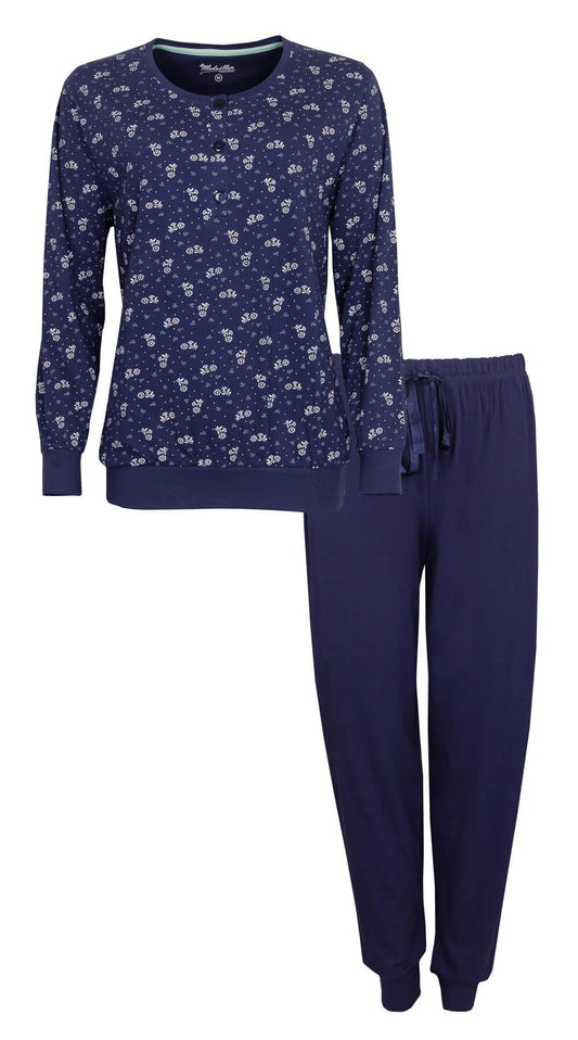 Blauwe dames pyjama met bloemenprint top en lange mouwen, en effen broek met elastische tailleband