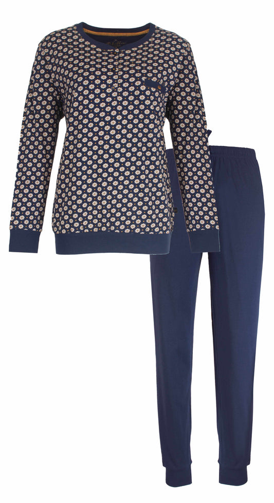 Blauwe dames pyjama met kleine bloemetjesprint, lange mouwen en bijpassende effen broek