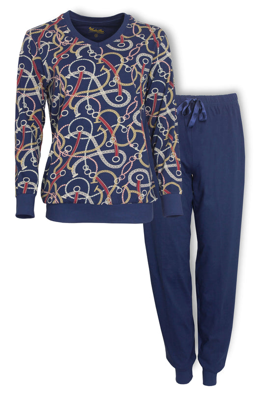 Blauwe dames pyjama set met geprinte top met lange mouwen en V-hals, en effen lange broek met aantrekkoord