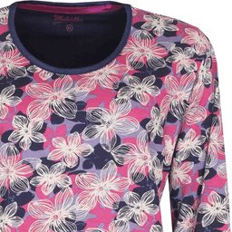 Dames pyjama bovenstuk met blauw-roze bloemenprint, lange mouwen en ronde hals met polosluiting