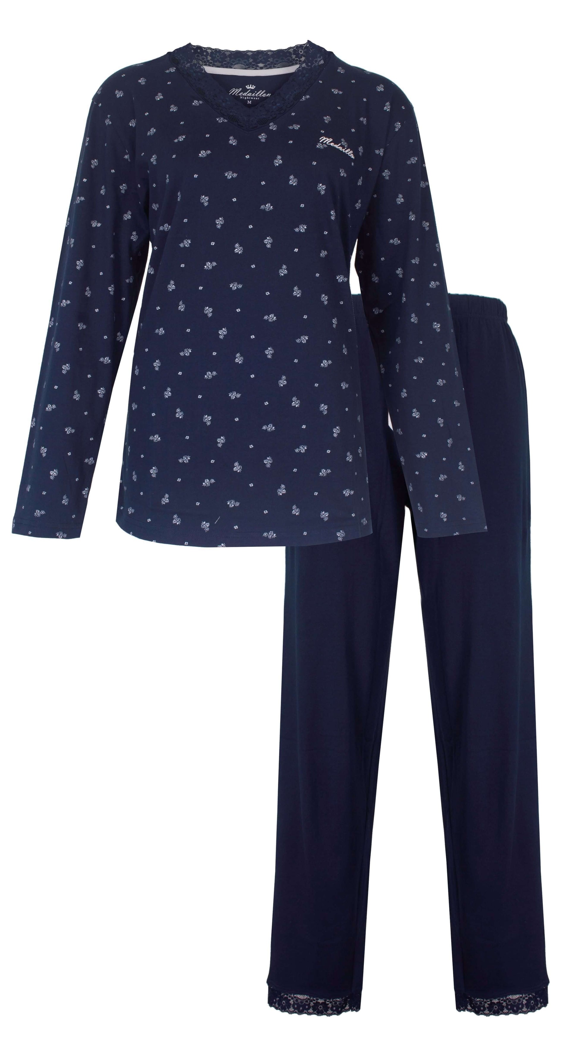 Donkerblauwe dames pyjama met kleine bloemenprint, lange mouwen en bijpassende lange broek met kanten zoom