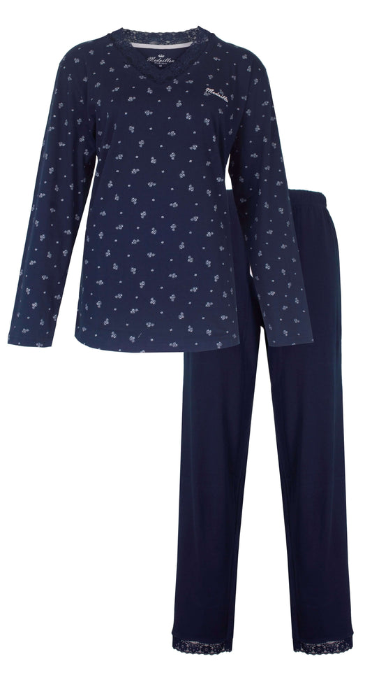 Donkerblauwe dames pyjama met kleine bloemenprint, lange mouwen en bijpassende lange broek met kanten zoom