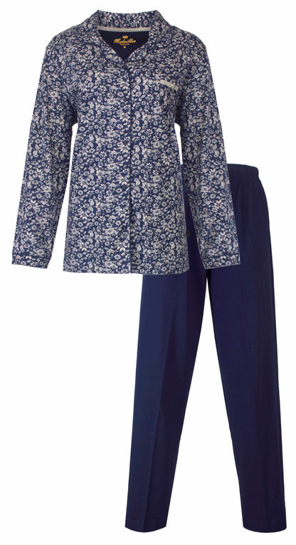Blauwe dames pyjama met doorknoop sluiting, lange mouwen en bloemenpatroon, met bijpassende effen broek