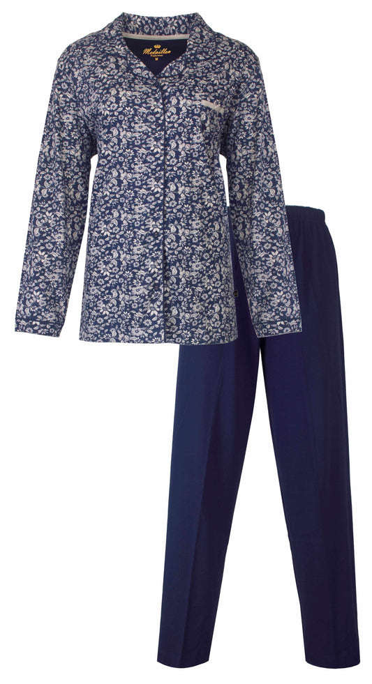 Blauwe dames pyjama met doorknoop sluiting, lange mouwen en bloemenpatroon, met bijpassende effen broek