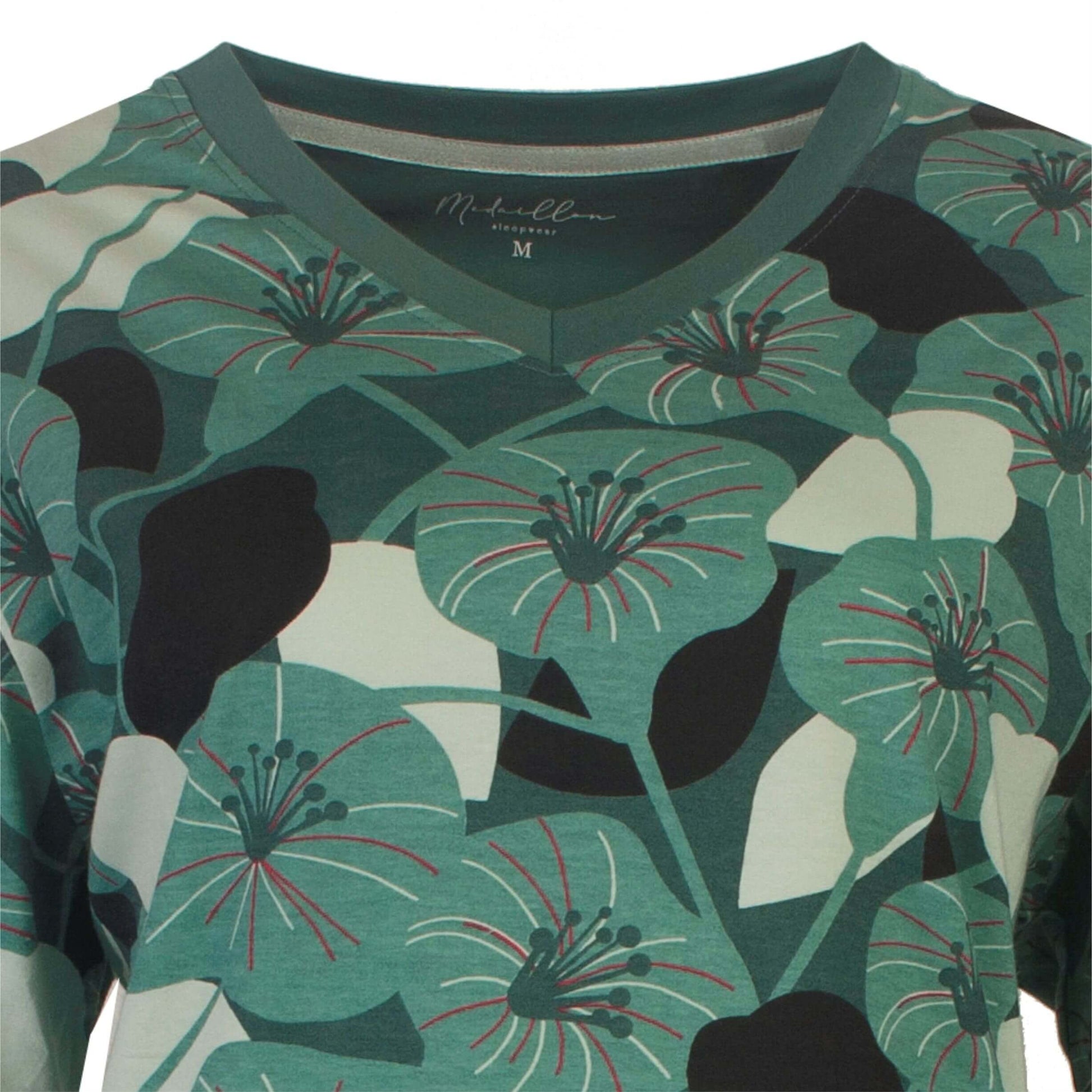 Groene pyjama met bloemenpatroon, V-hals en all-over print van gestileerde bloemen in verschillende groentinten