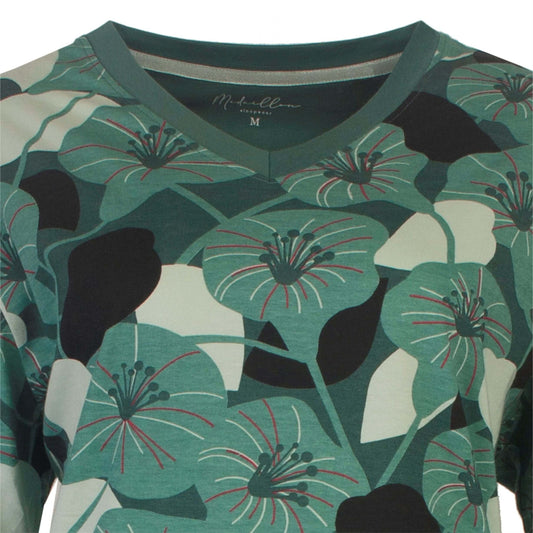 Groene pyjama met bloemenpatroon, V-hals en all-over print van gestileerde bloemen in verschillende groentinten