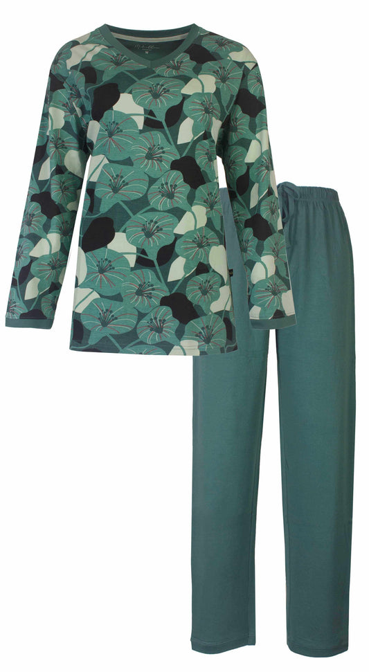 Groene dames pyjama met bloemenprint, lange mouwen en bijpassende effen broek