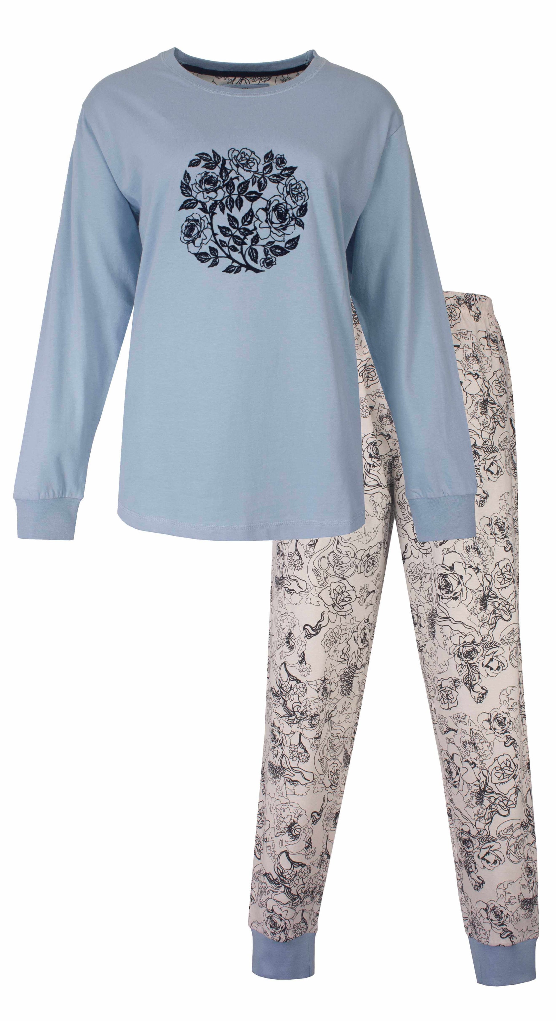 Grijze lange mouwen pyjama met bloemenprint. Shirt met cirkel bloemmotief, broek met all-over bloemenpatroon.
