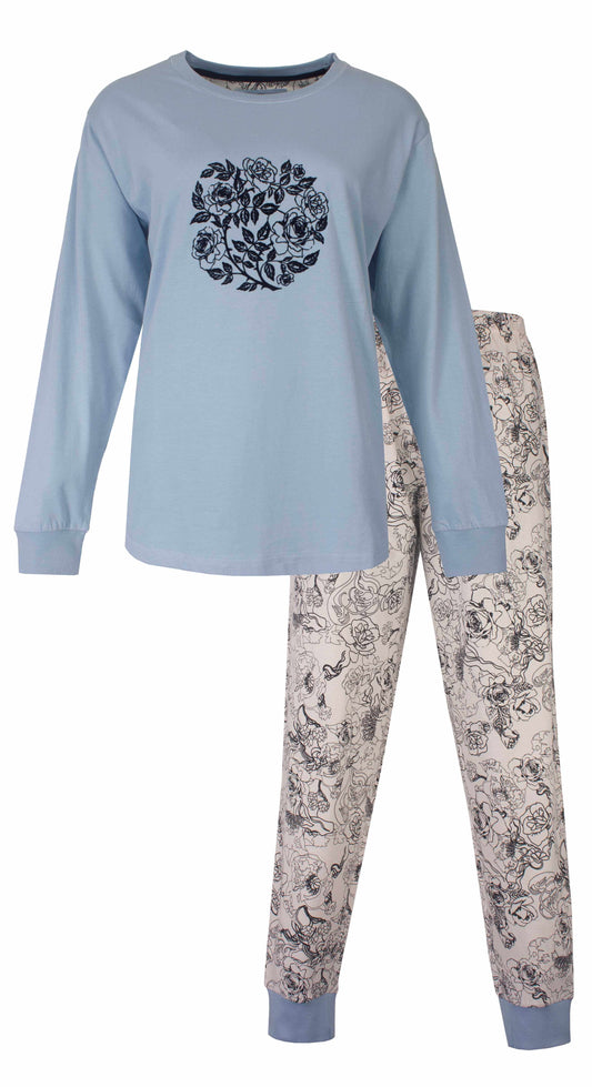 Grijze lange mouwen pyjama met bloemenprint. Shirt met cirkel bloemmotief, broek met all-over bloemenpatroon.