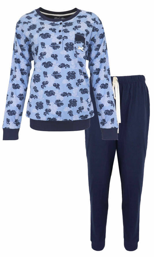 Blauwe dames pyjama met paisley print, lange mouwen en polo sluiting, met bijpassende donkerblauwe broek