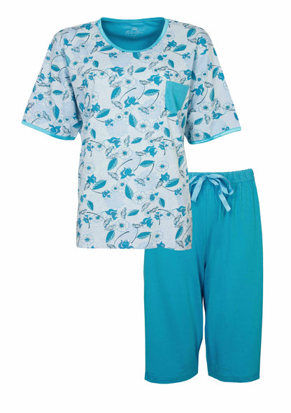 Lichtblauwe pyjama set met bloemenprint t-shirt en effen blauwe broek, gemaakt van katoen